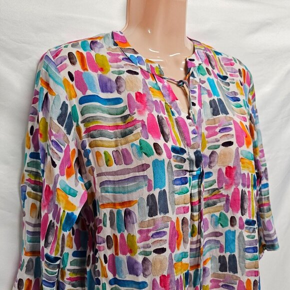 AP NY V Neck Hi-Lo Top Blouse Shirt Women Size M Colorful Cupro blend - Picture 4 of 15